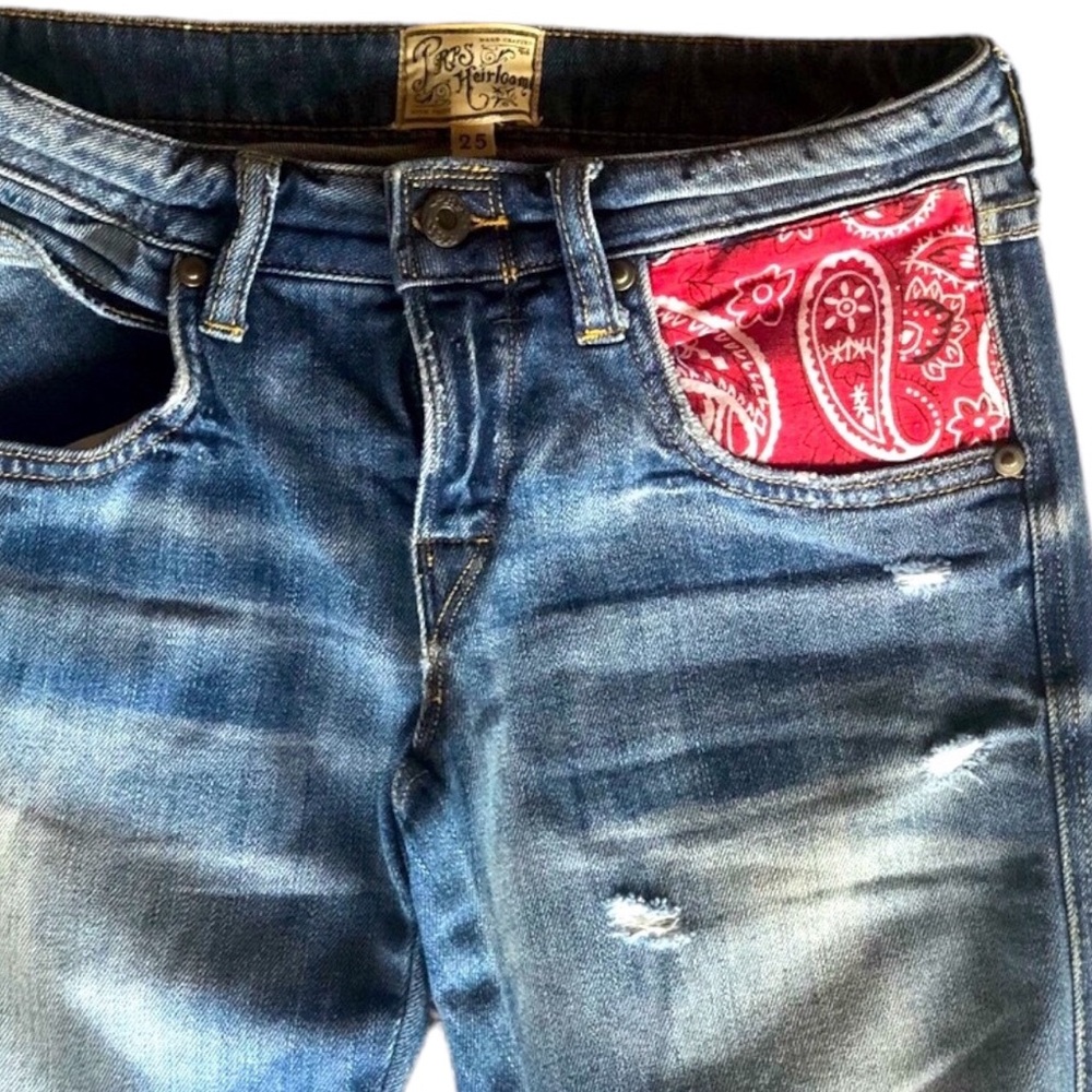 Vintage Lo Rise PRPS Distressed Skinny Jeans with Red Bandanna Accent - Picture 9 of 10